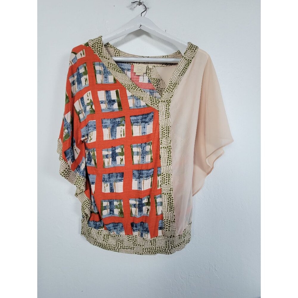Vanessa Virginia Womens Mixed Print Sheer Kimono Sleeve Top Blouse Medium Multi